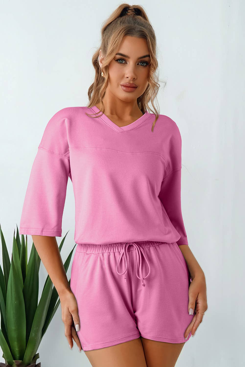 Solid Loose V-Neck Half Sleeve Tee and Shorts Set