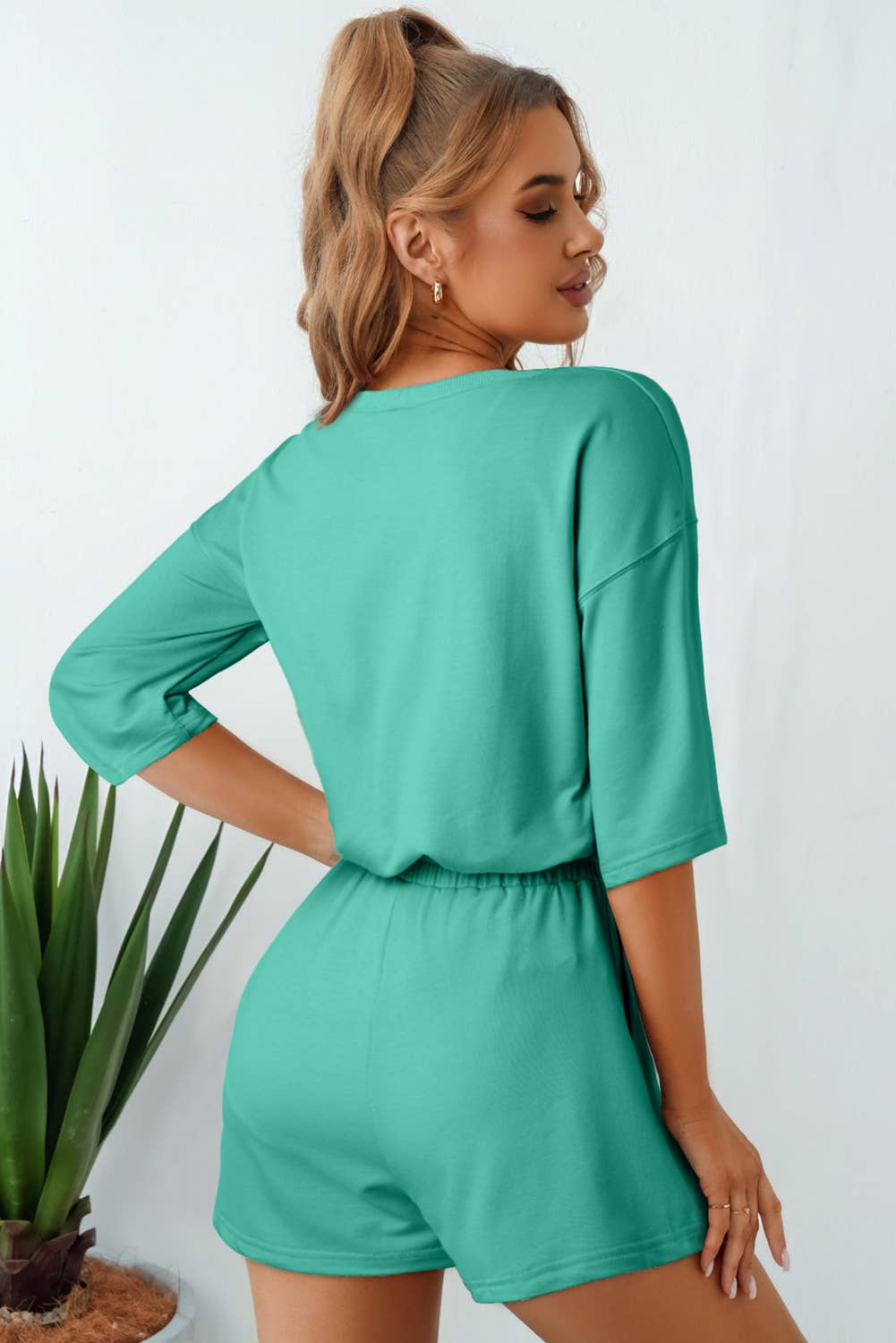 Solid Loose V-Neck Half Sleeve Tee and Shorts Set