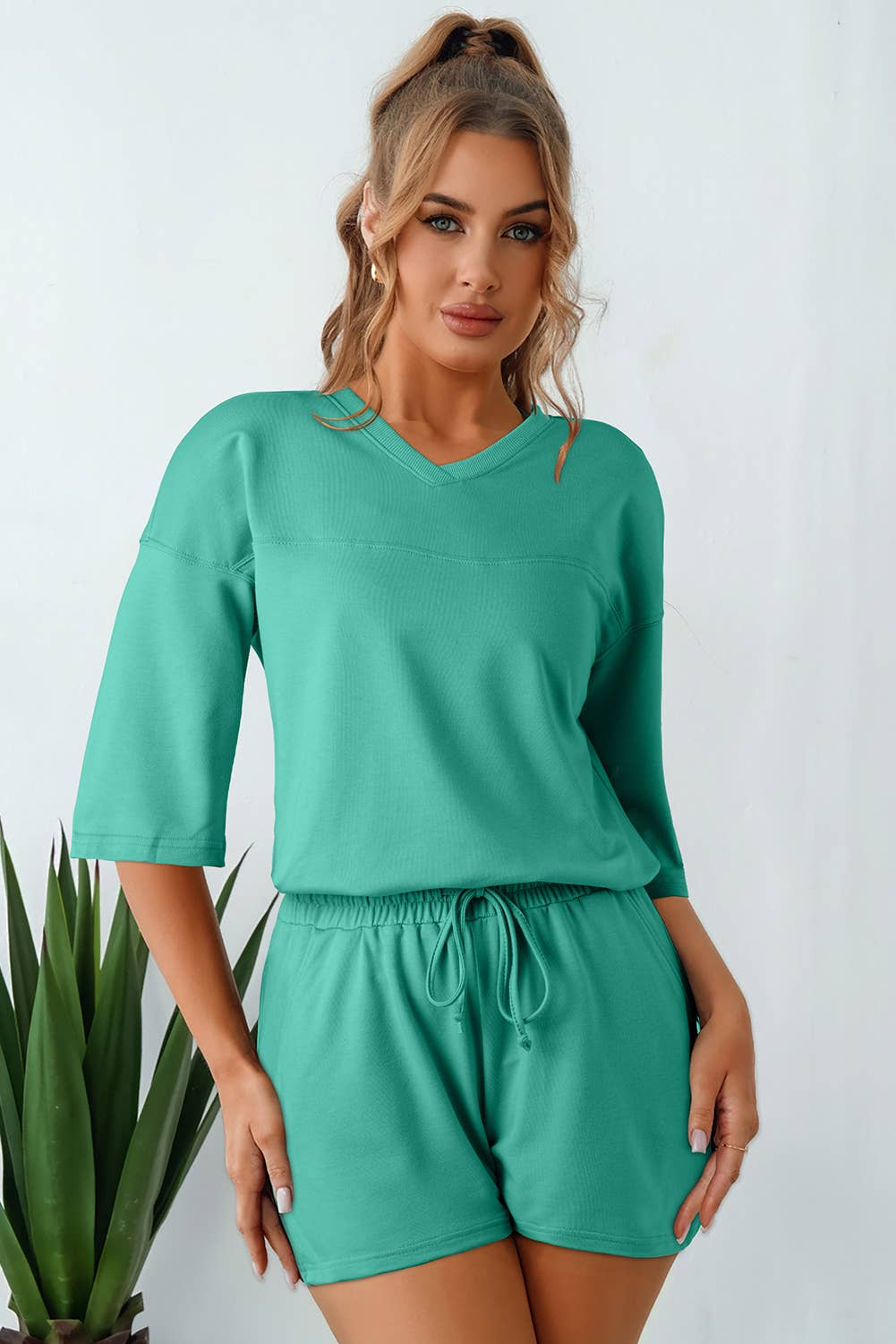 Solid Loose V-Neck Half Sleeve Tee and Shorts Set