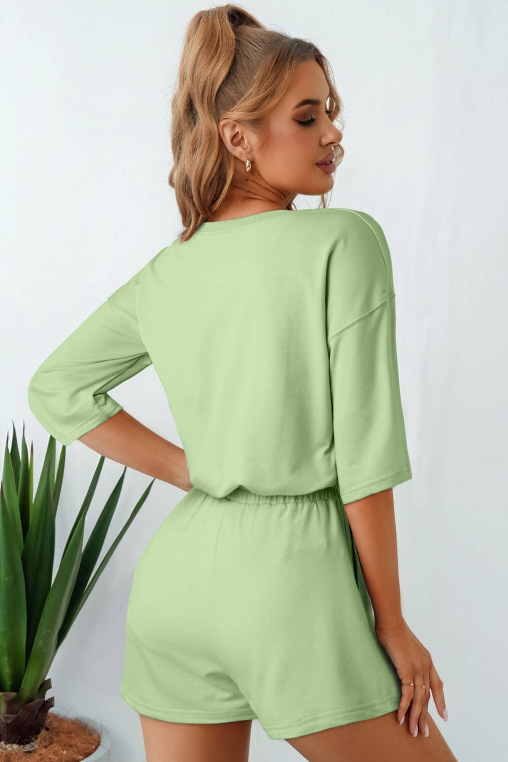 Solid Loose V-Neck Half Sleeve Tee and Shorts Set