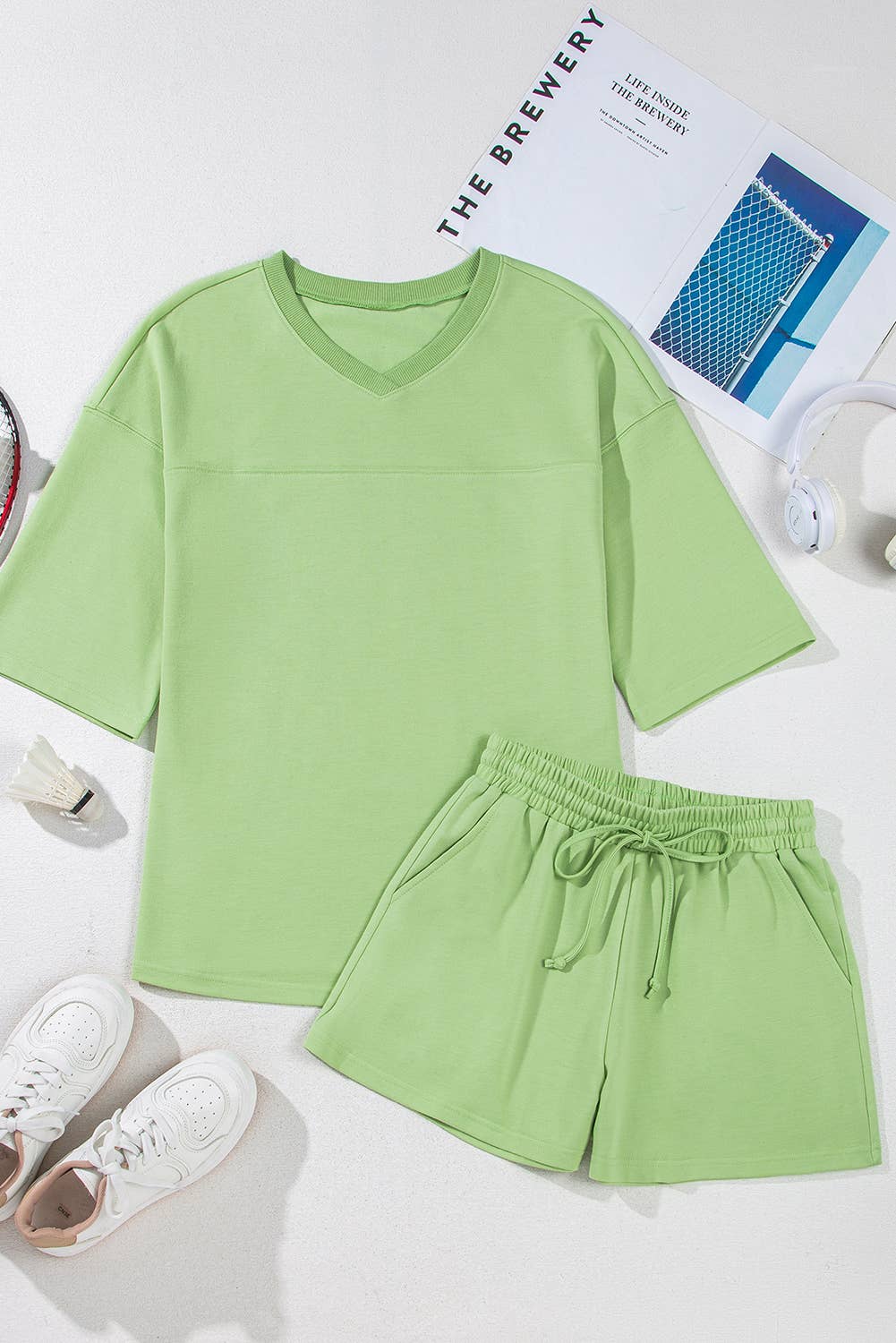 Solid Loose V-Neck Half Sleeve Tee and Shorts Set